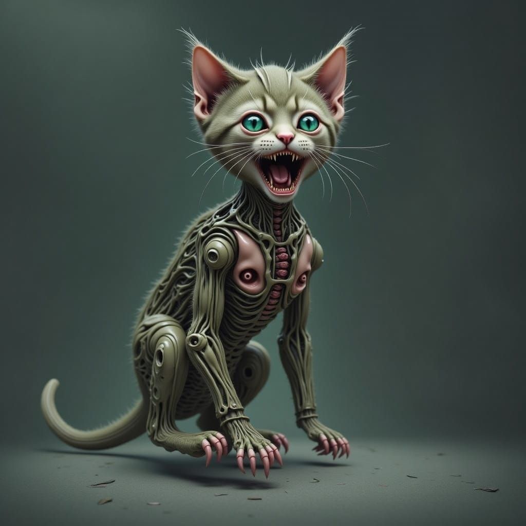 Surreal Kitten-Cyborg Horror in Junji Ito Style