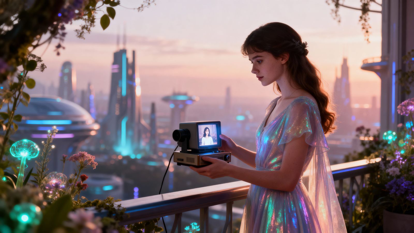 Future Nostalgia: Woman Views Past Memory on Balcony