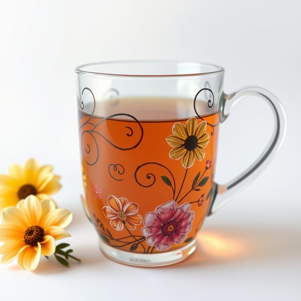 Delicate Floral Whimsy on Hand-Painted Glass Tea Cup