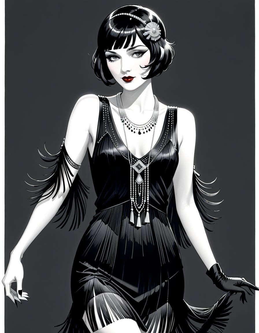 Roaring 20s Flapper in Monochrome Ink Drawing