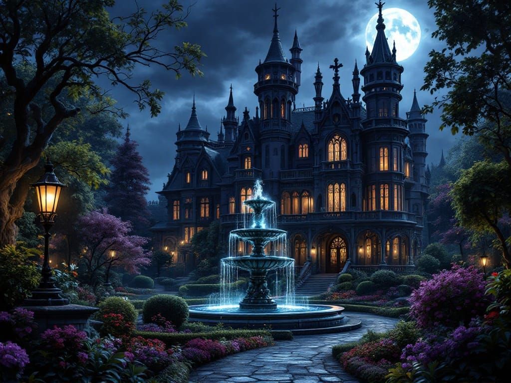 Gothic Mansion in Dark, Velvety Night