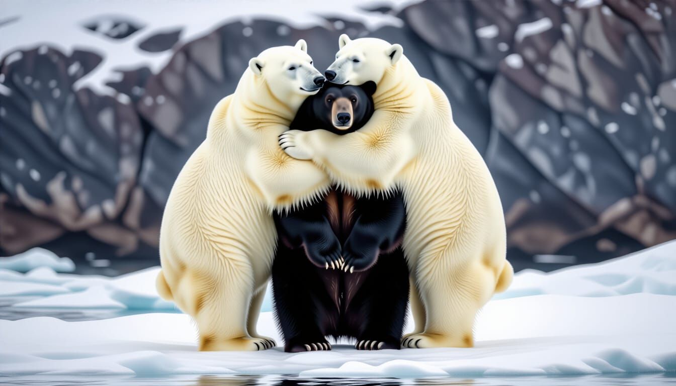Polar Bears Hugging: Black and White on Ice
