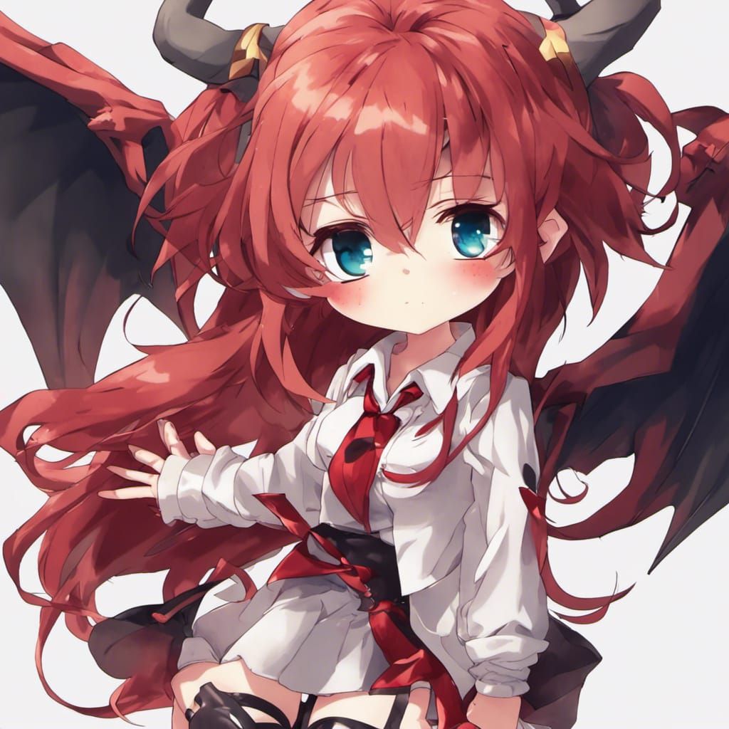 Chibi Red-Haired Girl with Devil Wings in Anime Style