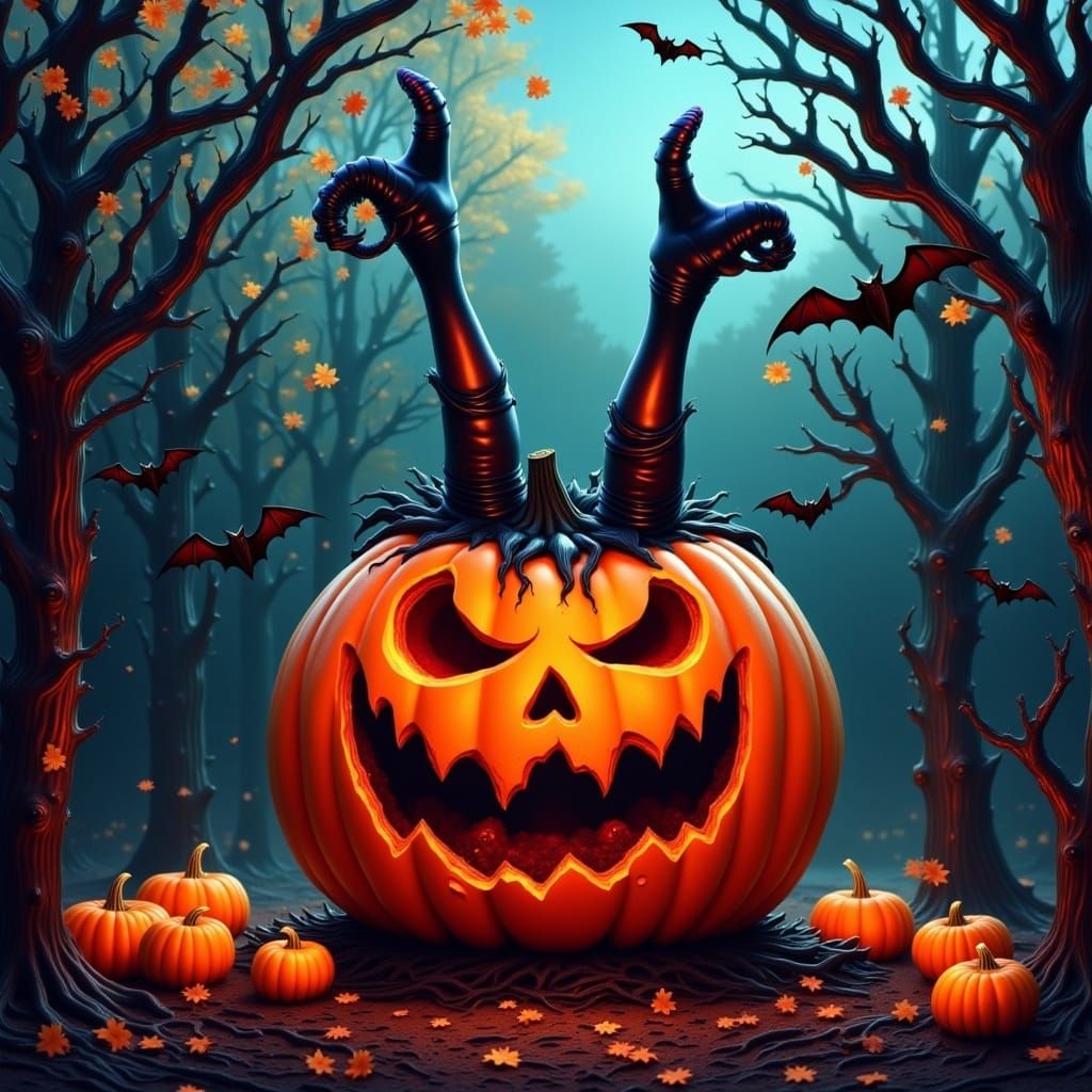 Giant Halloween Pumpkin with Witch Legs and Bats