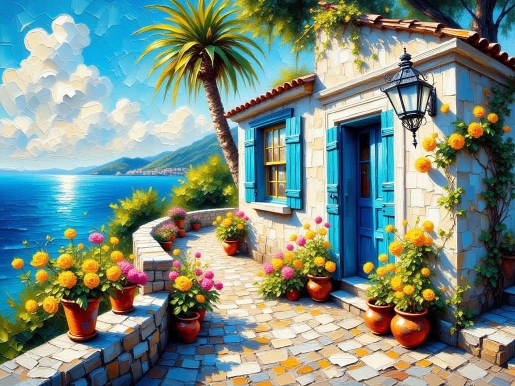Vibrant Mediterranean Villa in Impasto Oil Style