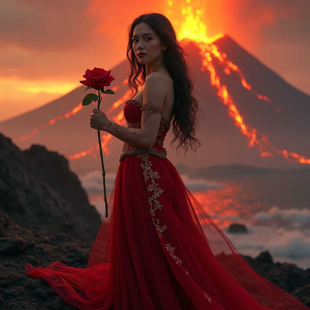 Volcanic Beauty Holding Rose: A Matte Painting