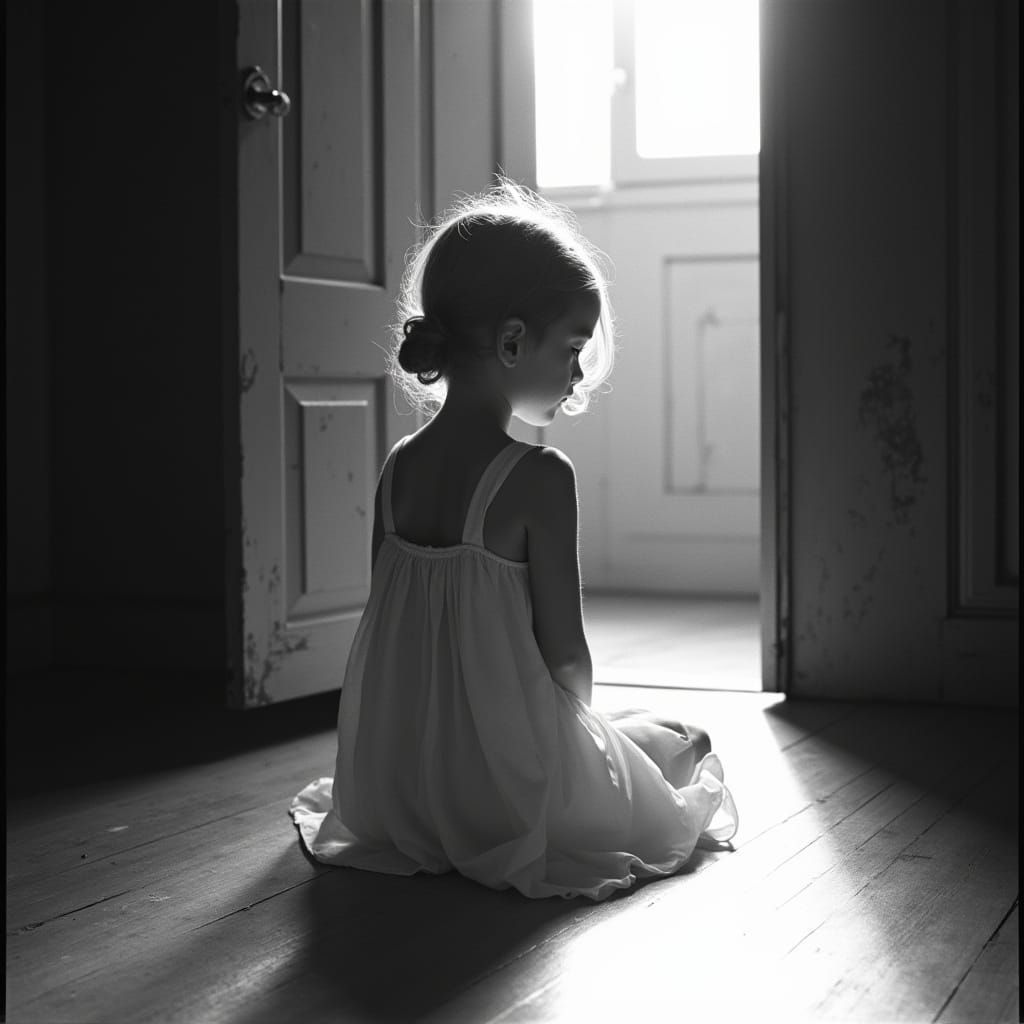 Girl in White Dress Bathed in Light, Black and White