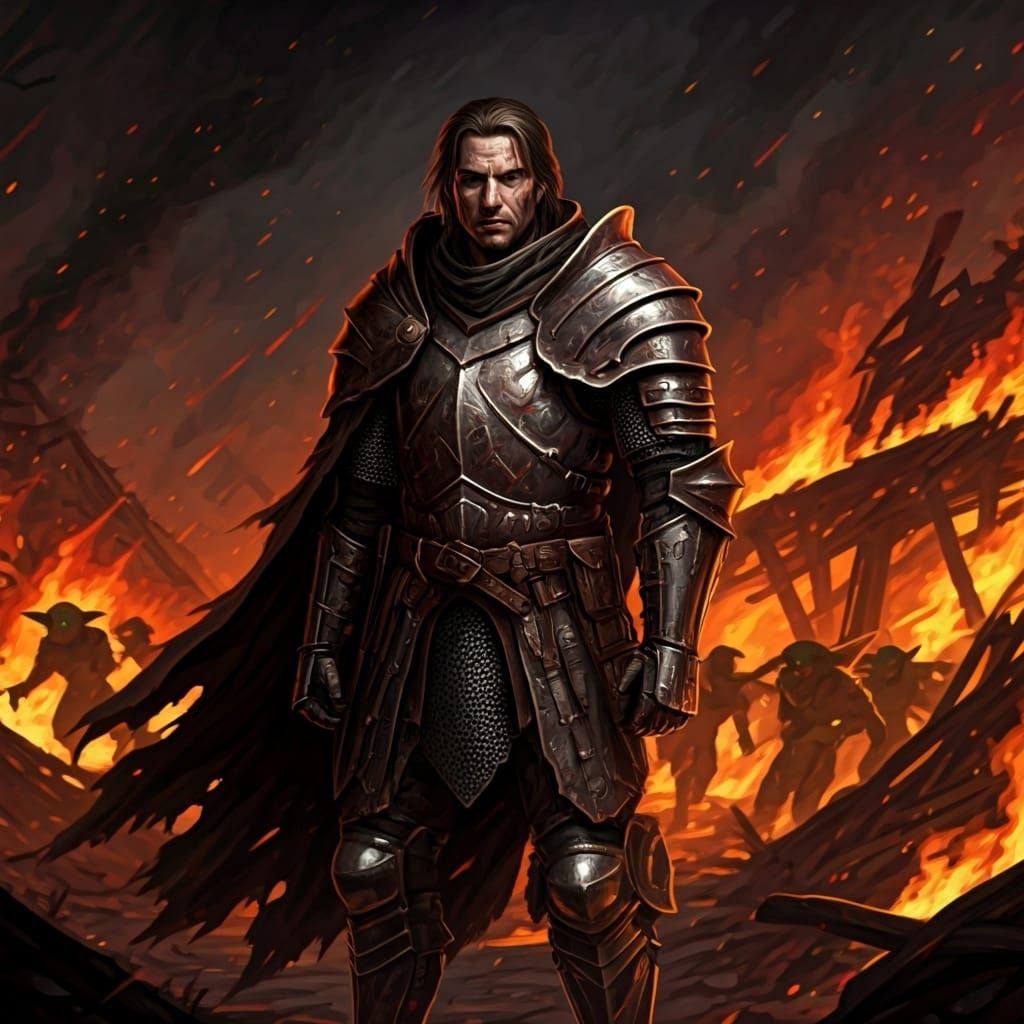 Knight Stands Guard Over Burning Village