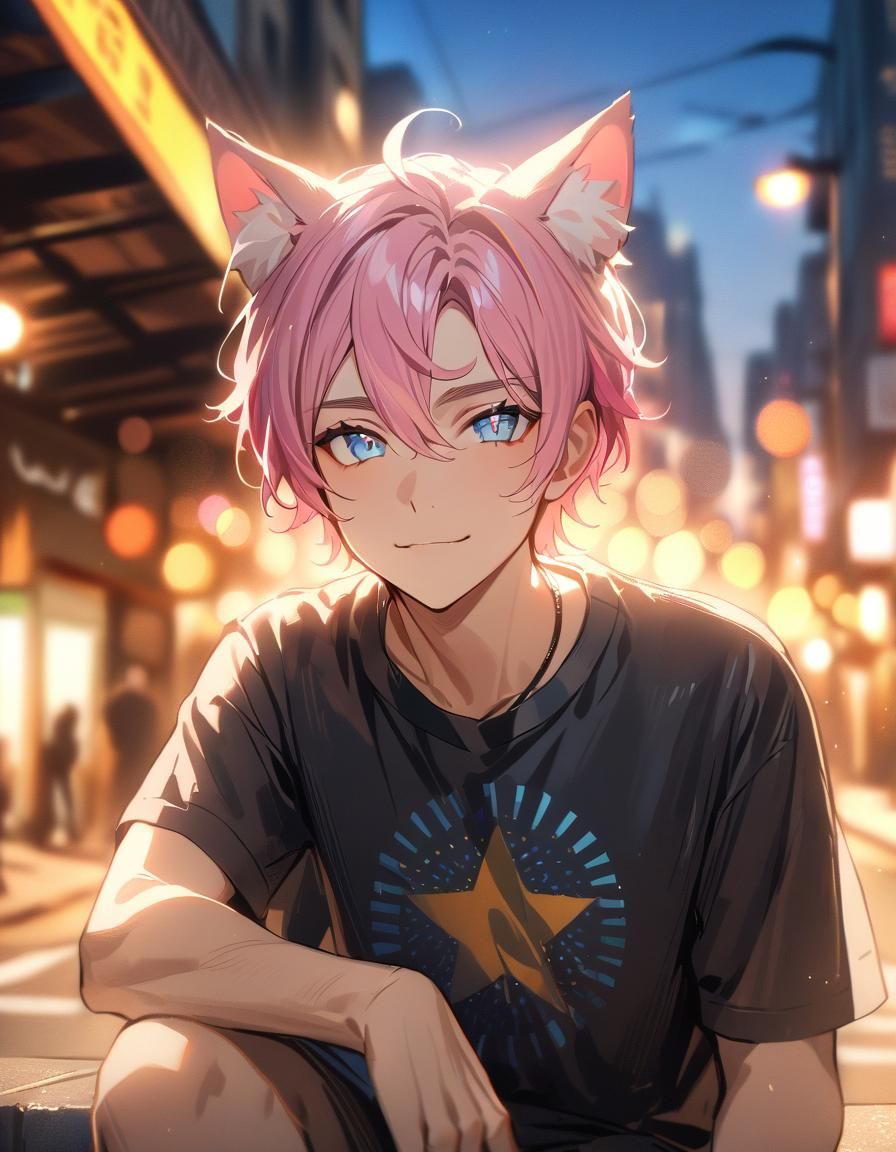 Anime Cat-Boy with Star Eyes in City Street