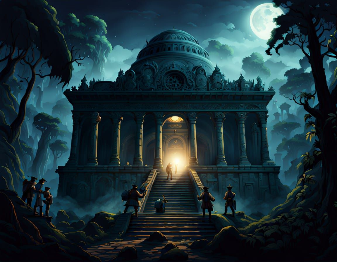 Steampunk Explorers Discover Jungle Temple in Matte Painting