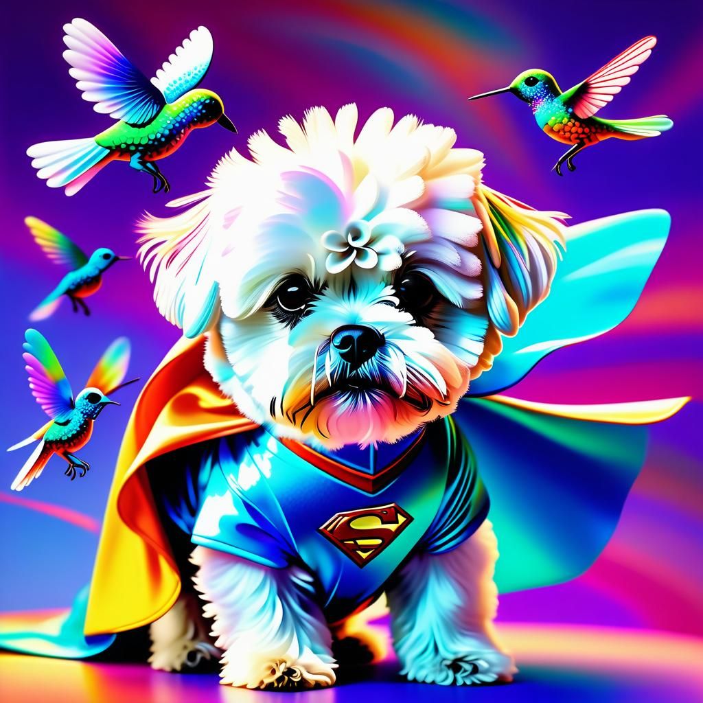 Flying Superhero Dog in Psychedelic Art Style