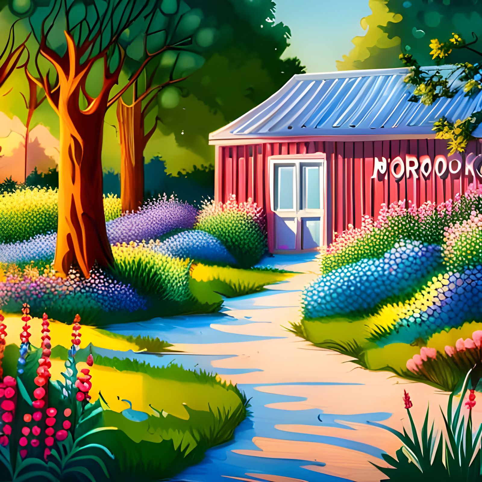 Flower Garden with "Mormookiee" Sign in Pastel Colors