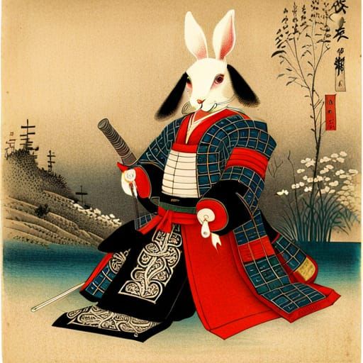 Samurai in Armor with White Rabbit, Albumen Print Style