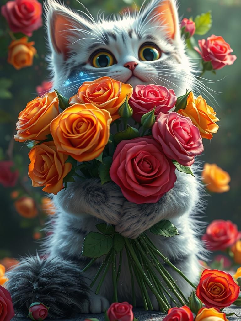 digital cartoon drawing, cute fluffy pot-bellied cat holding a large bouquet of flowers of colorful roses, The image mus...