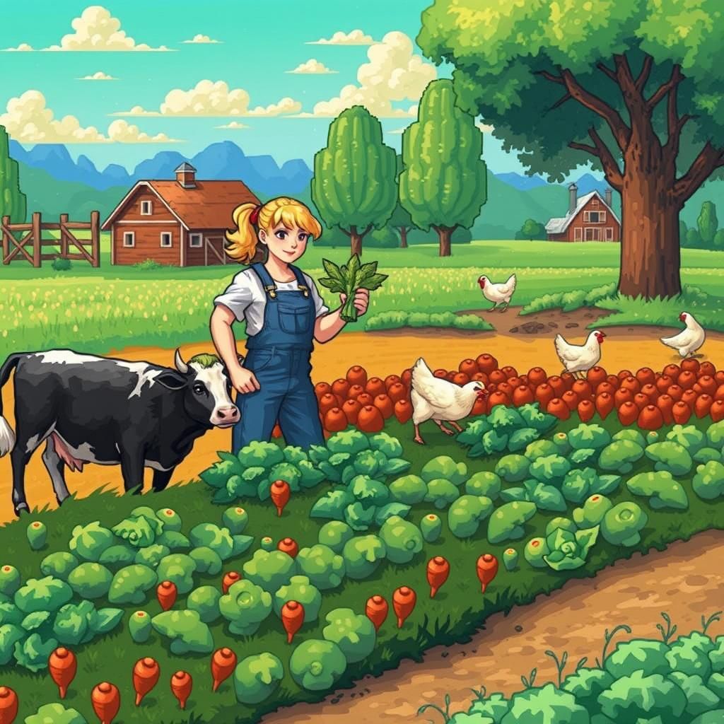 Pixel Art Farmer Tending Spring Vegetables