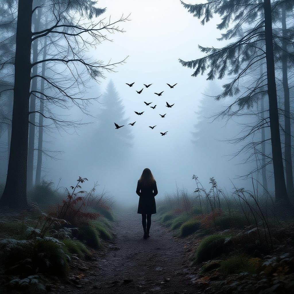 Mysterious Foggy Autumn Forest with Silhouetted Figure