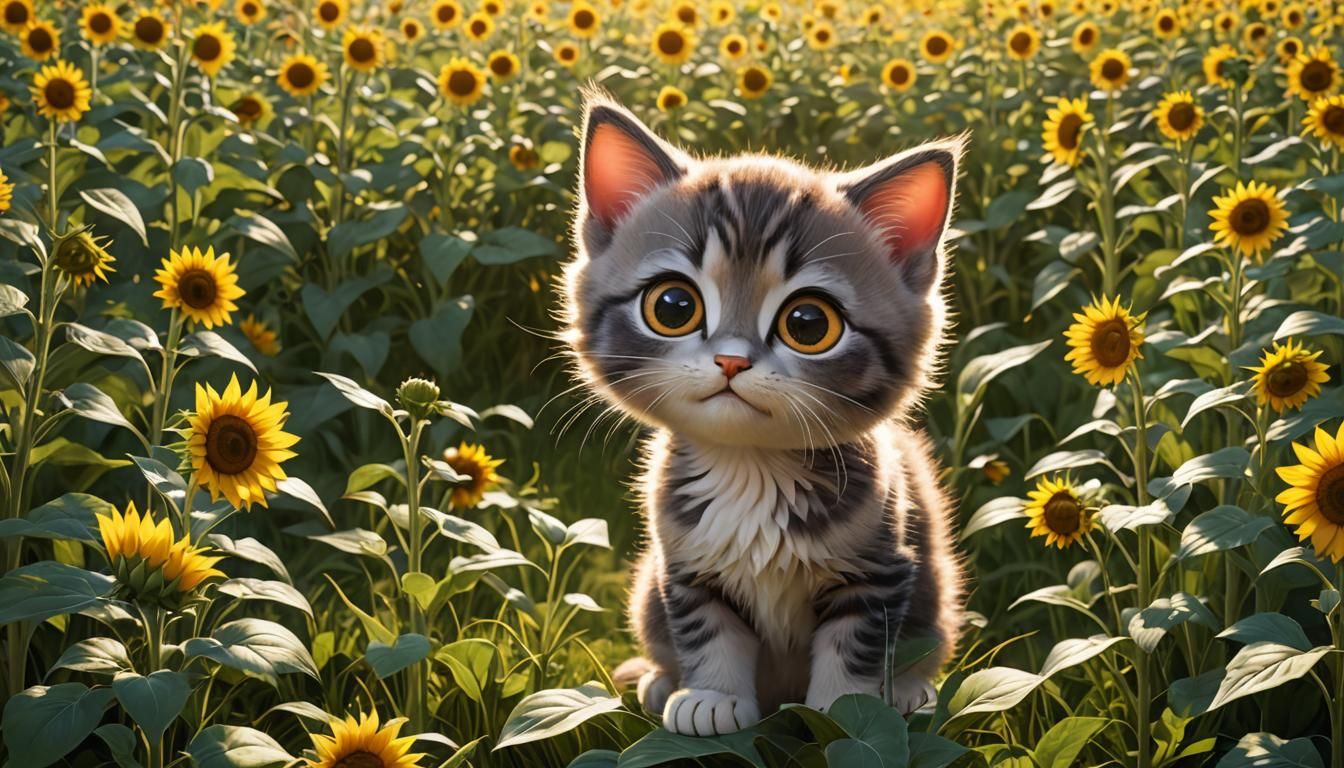 Charming Kitten Plays in Sunflower Field