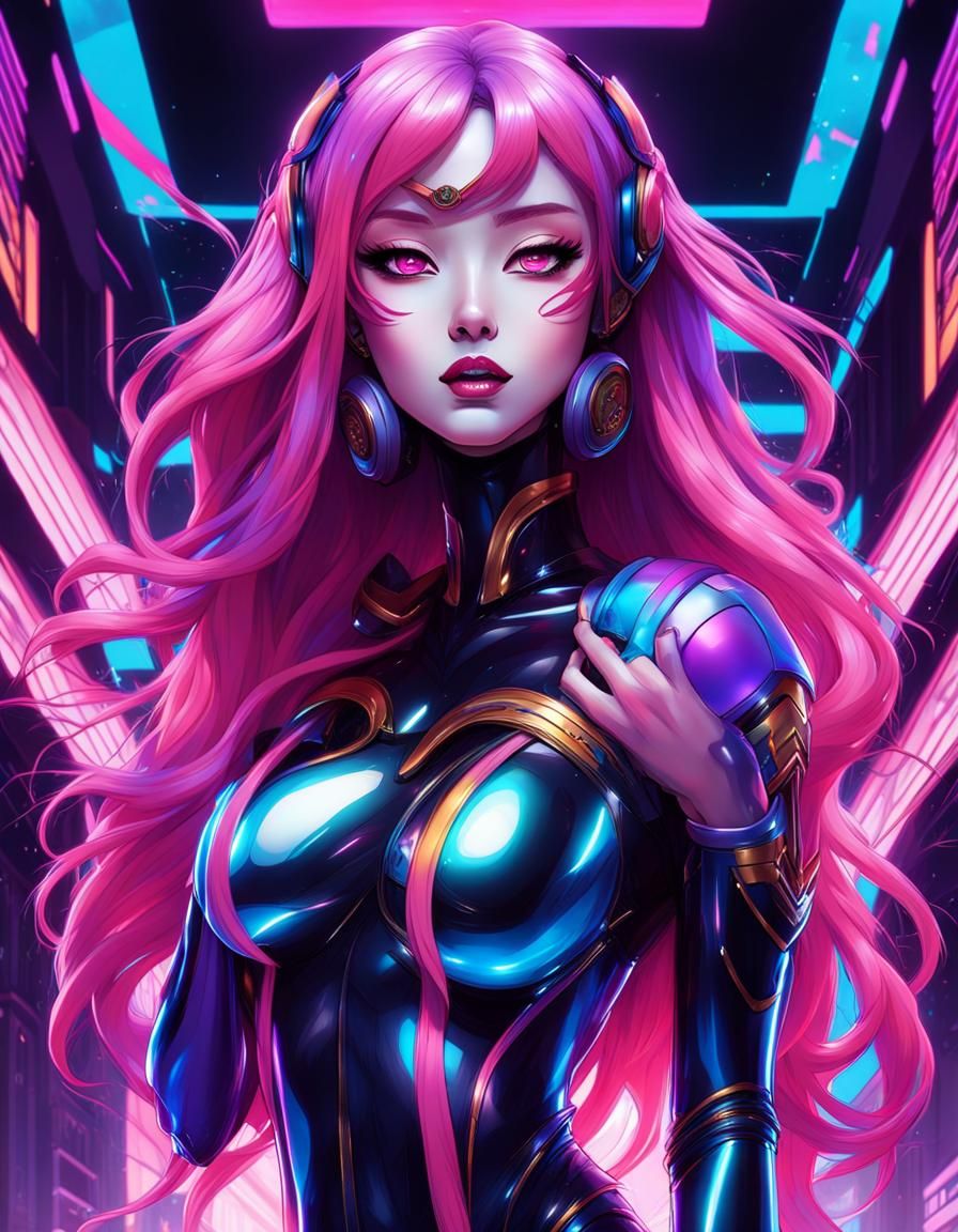 Anime style futuristic singing idol with long floading hair,in latex suit , big detailed eyes, nice chest, perfect curvy...