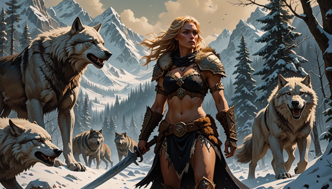 Barbarian Huntress in Primeval Forest: Dark Fantasy Art
