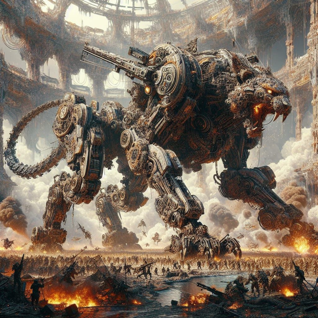 Tiger Mech Engaged in Apocalyptic Battle