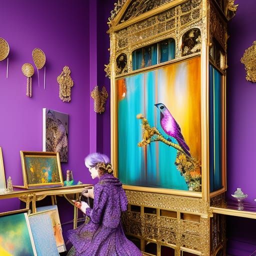 Woman in Aviary Art Studio with Mark Ryden Inspired Painting...