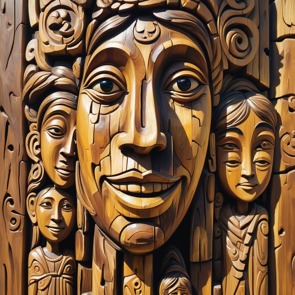 Wooden Totem with Faces as Oil Painting