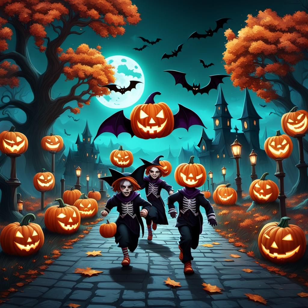Festive Children Running in Halloween Costumes