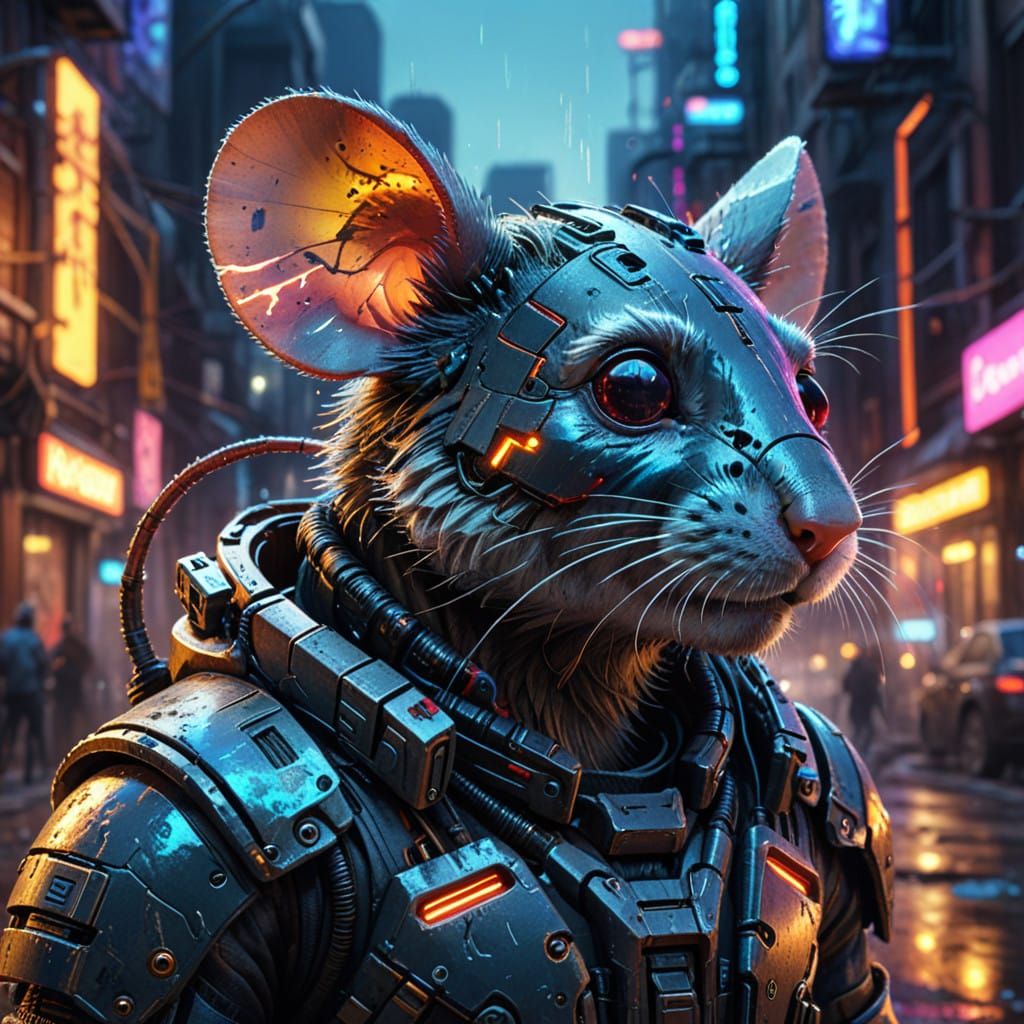 Cyberpunk Mouse Portrait in Vibrant Watercolor Style