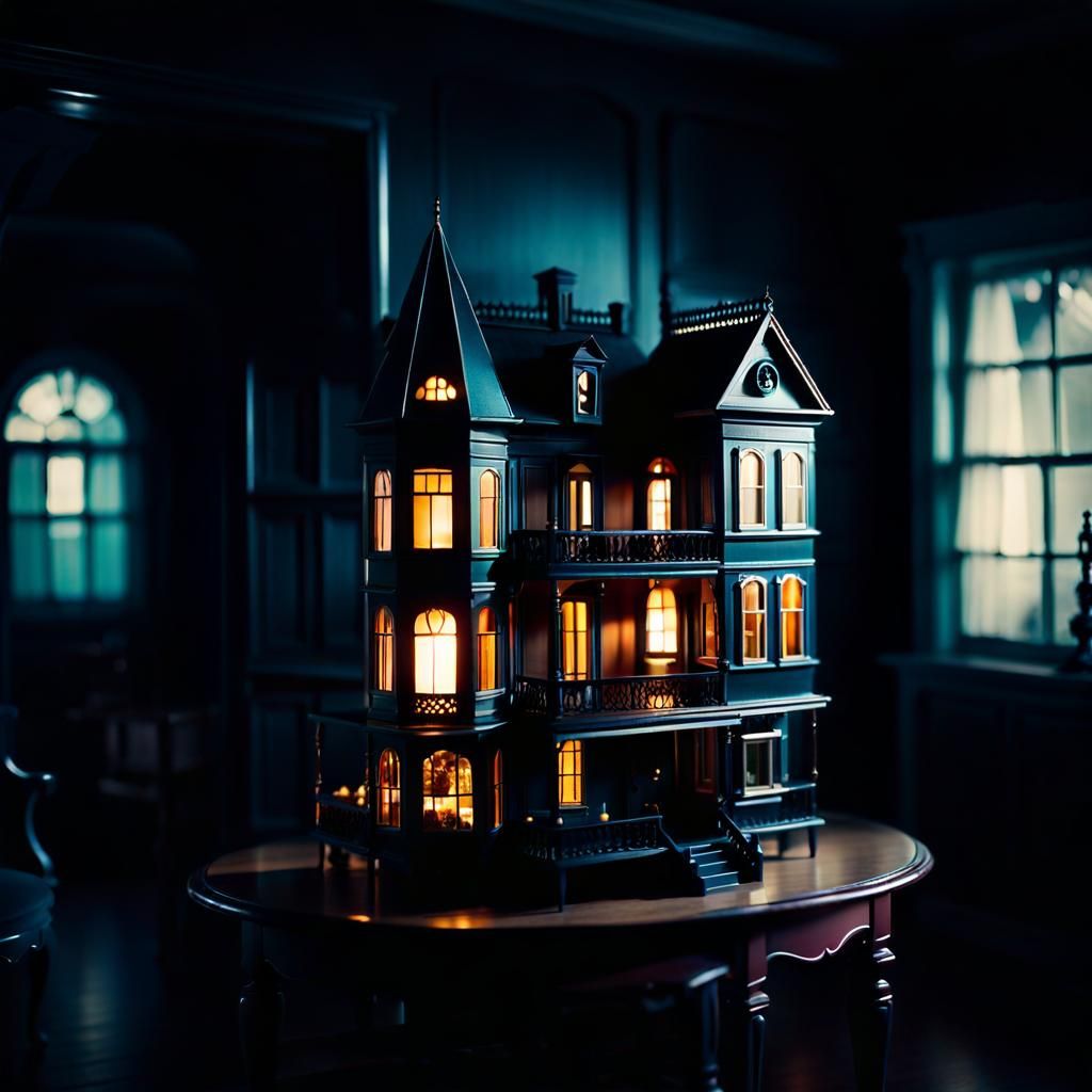 Eerie Victorian Dollhouse in Dark Room, Cinematic Lighting