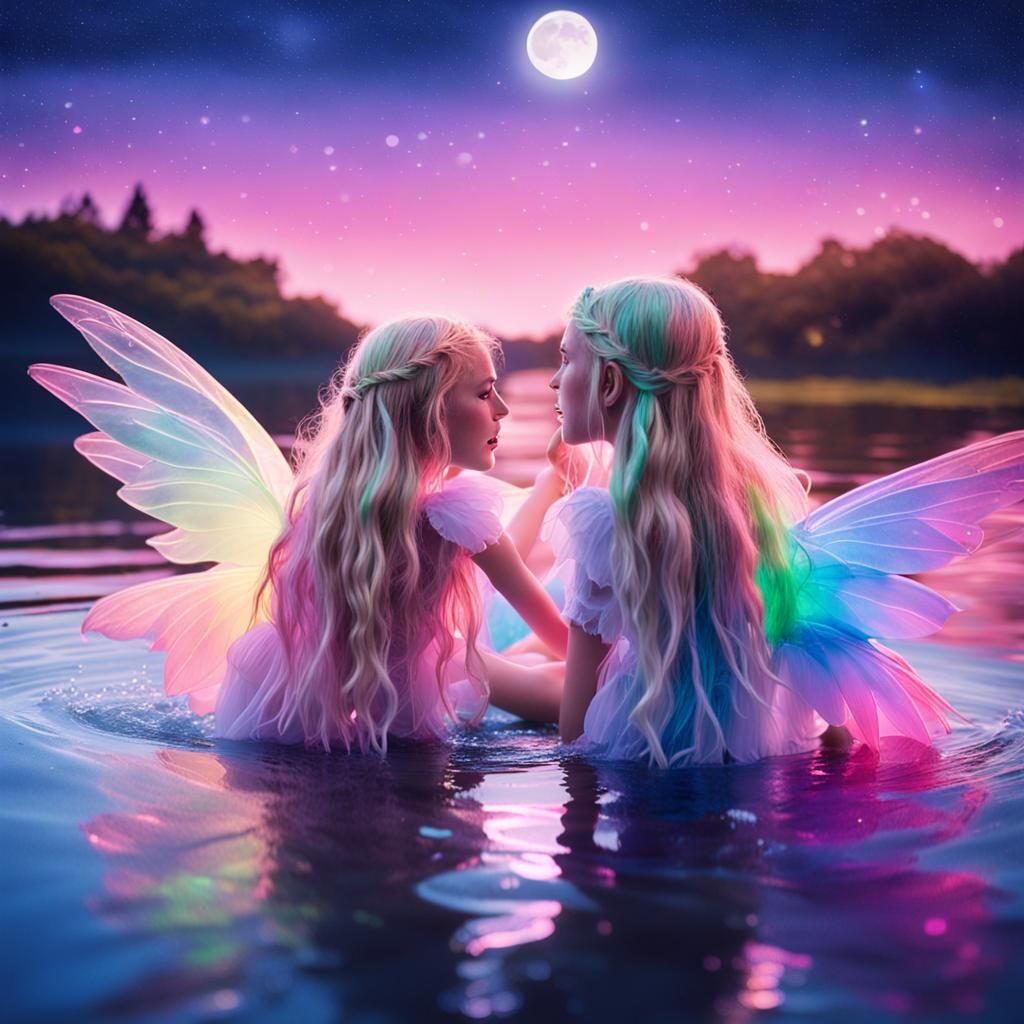 Fairy Sisters Playing in Water Under Moonlight
