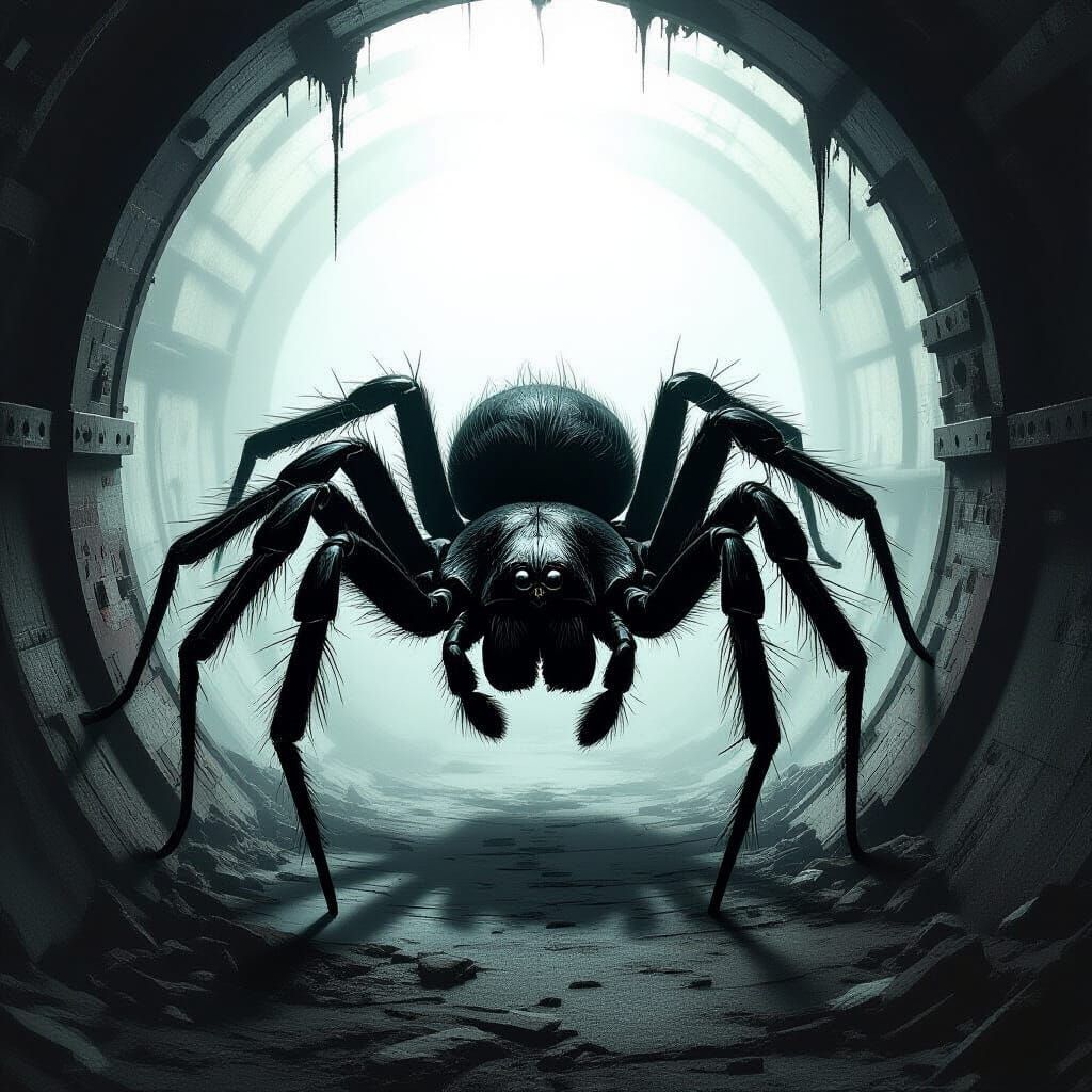Haunted Subway Tunnel with Creepy Spider in Dim Light
