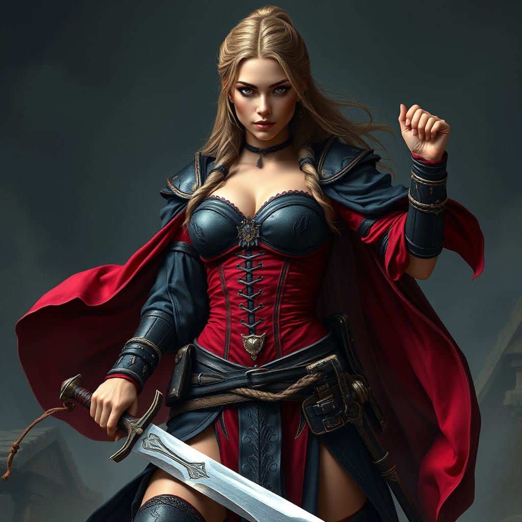 Medieval Warrior Woman in Flowing Black and Crimson Attire