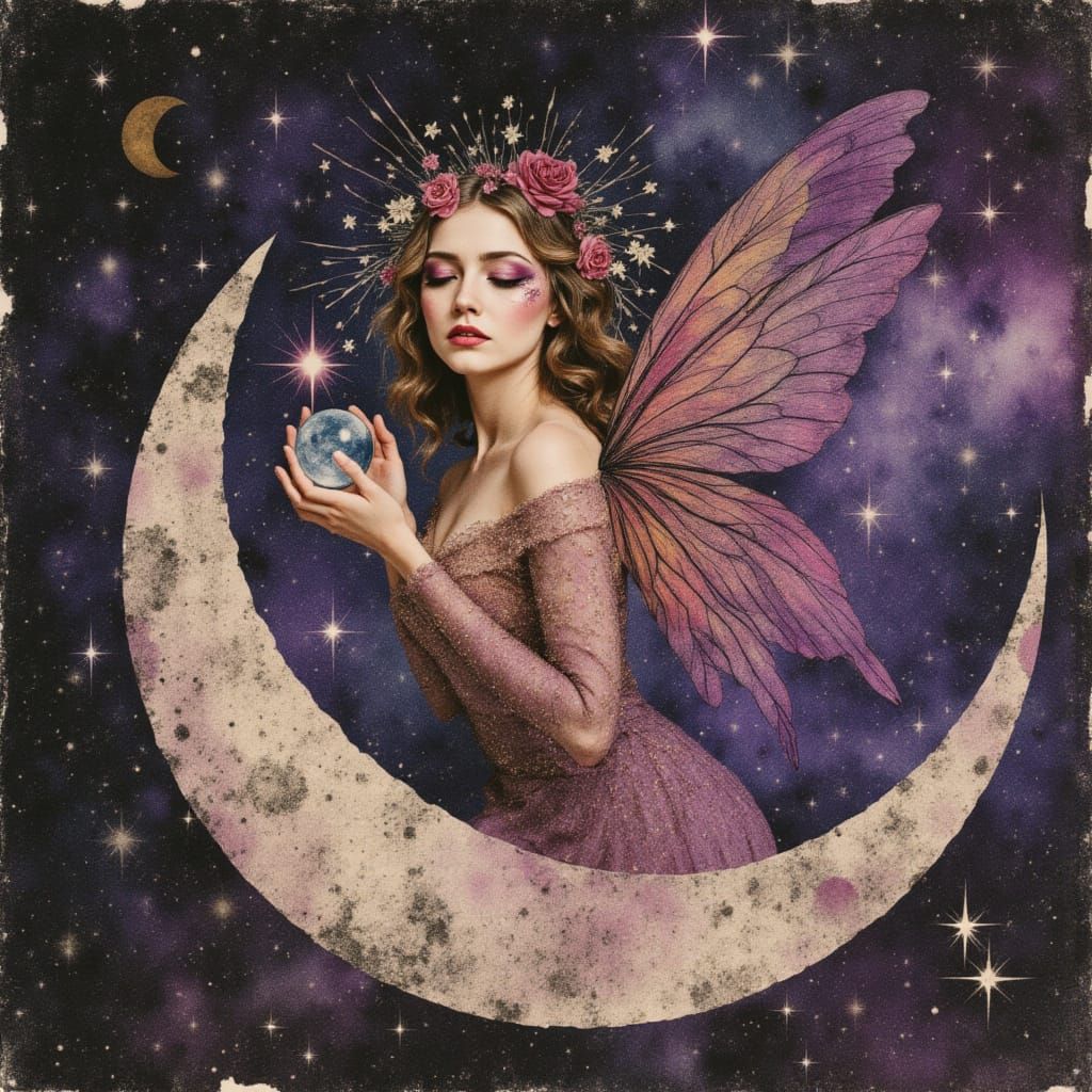 Cosmic Fairy on Crescent Moon in Nebula