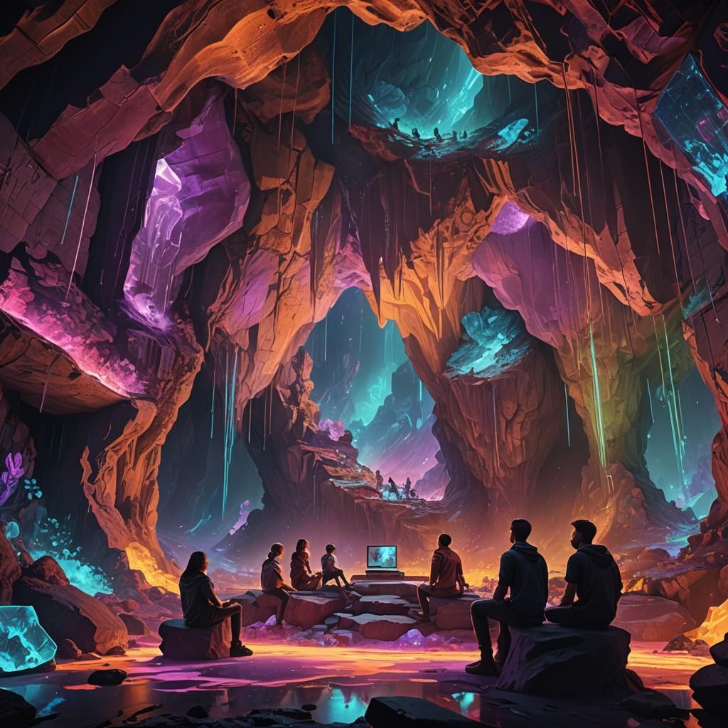 Family in Cave Surrounded by Neon LCD Screens