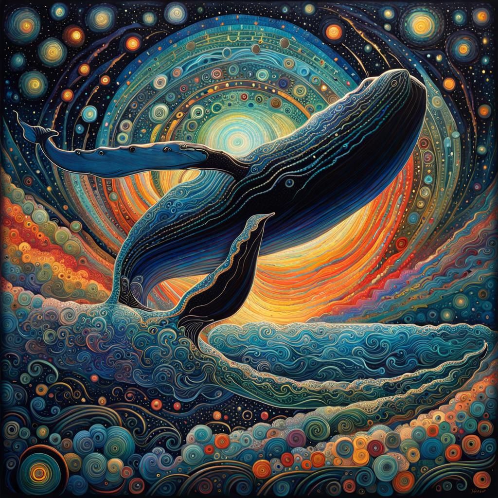 Bioluminescent Whale Leaps from Colorful Ocean