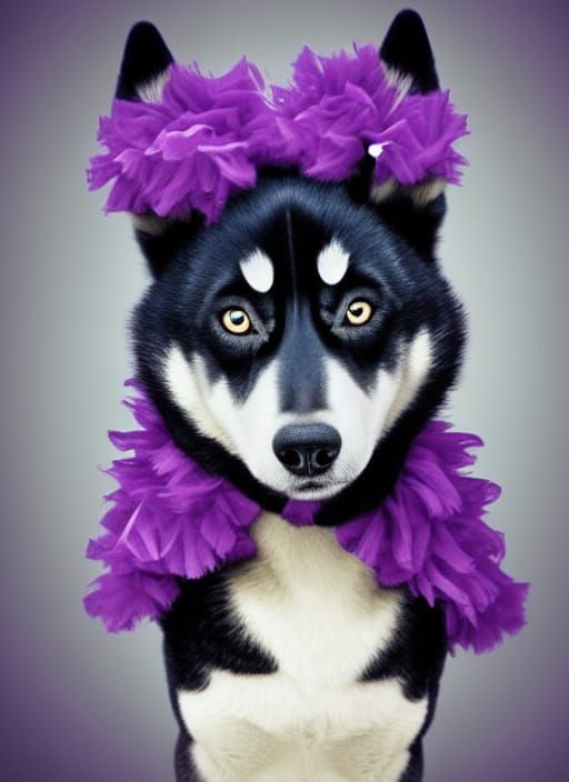 Anthropomorphic Husky in Purple Frilly Dress Portrait