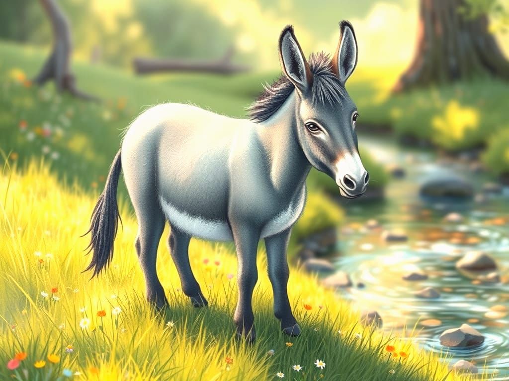 Fluffy Grey Donkey Standing Near Creek