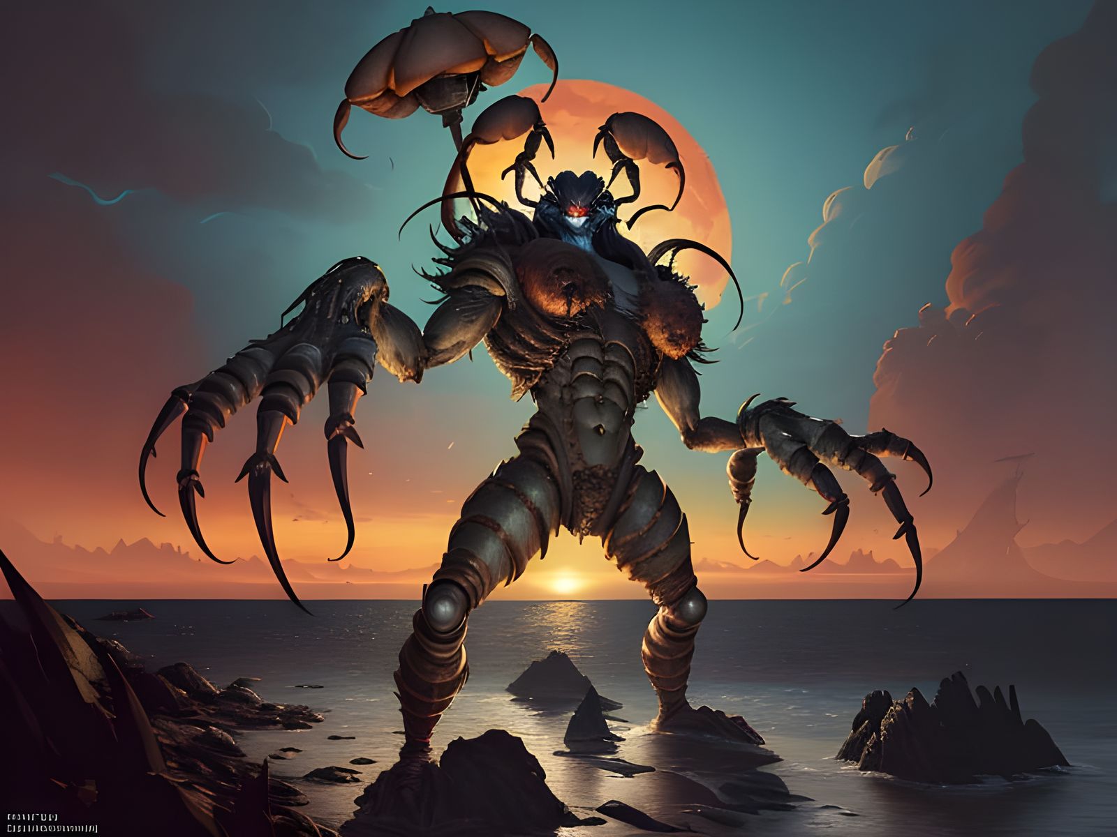 Cyberpunk Crab Humanoid Emerges from Neon Depths