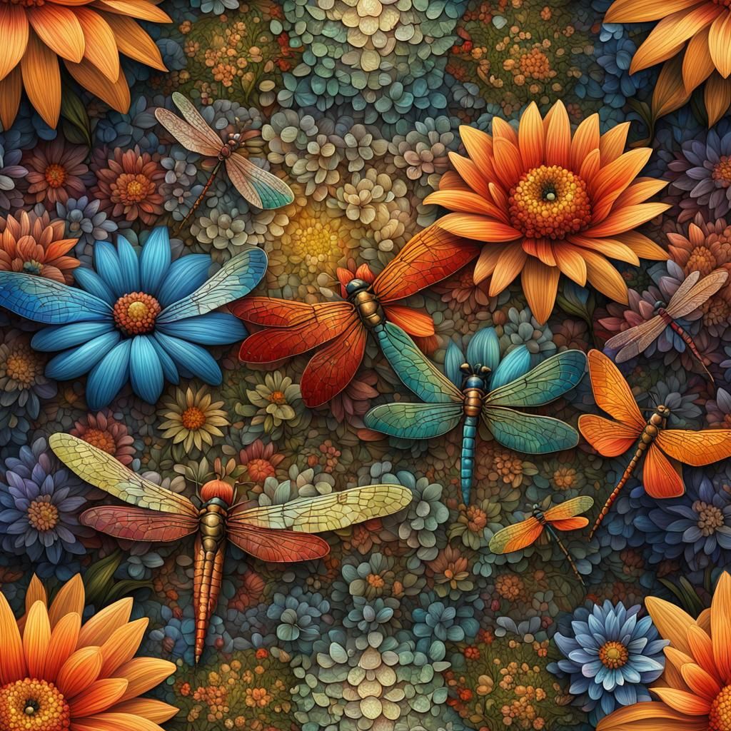 Detailed Mosaic Artwork of Flowers and Dragonflies