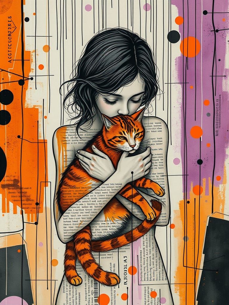 Woman and Cat in Surreal Misty Landscape