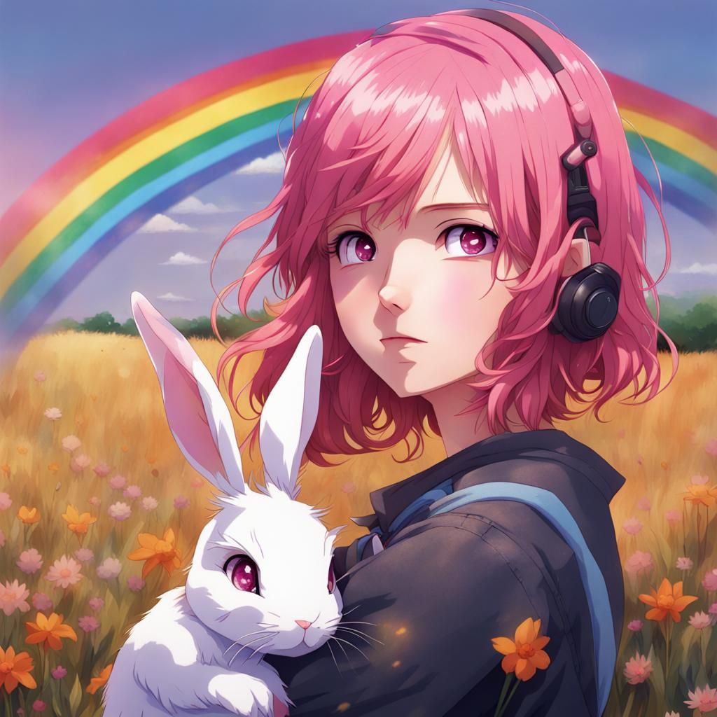 Pink Haired Woman with Rainbow Bunny, Anime Style