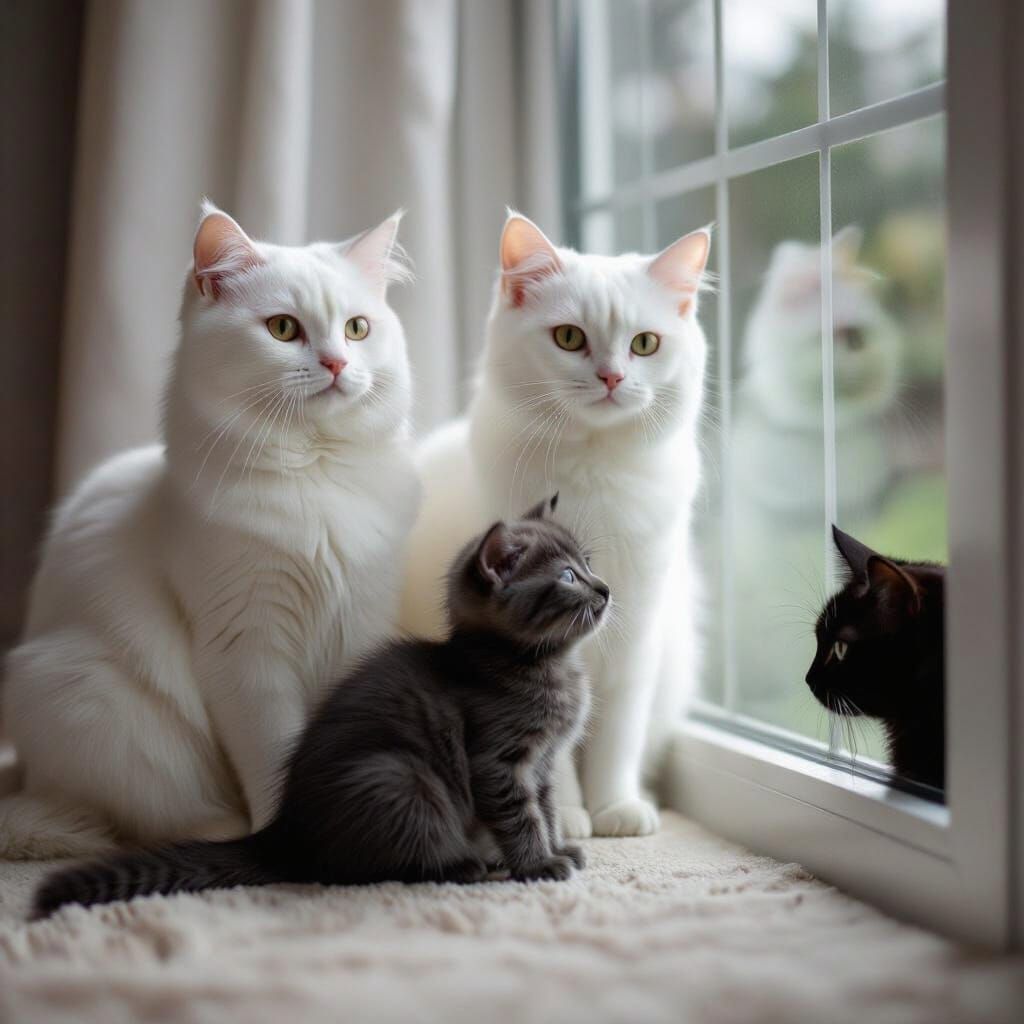 Cats Watching Kitten at Window