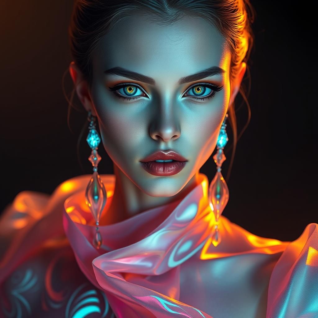 Hyperrealistic Woman in Holographic Gown, Matte Painting