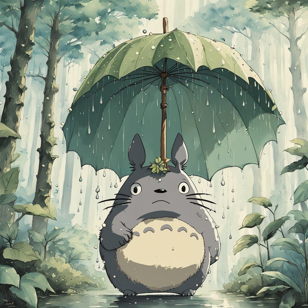 Totoro Under a Whimsical Leaf Umbrella