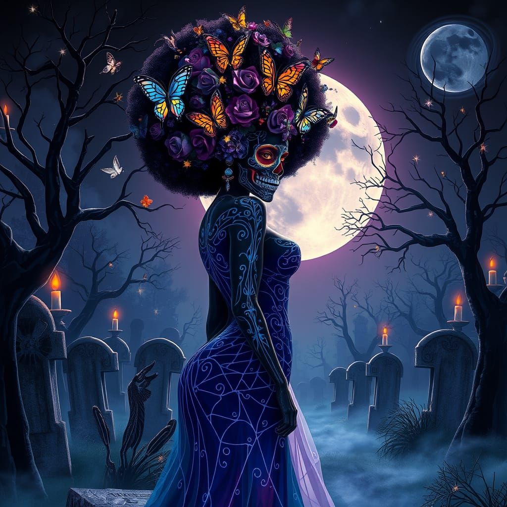 Ebony Goddess in Moonlit Cemetery with Día de los Muertos Bo...