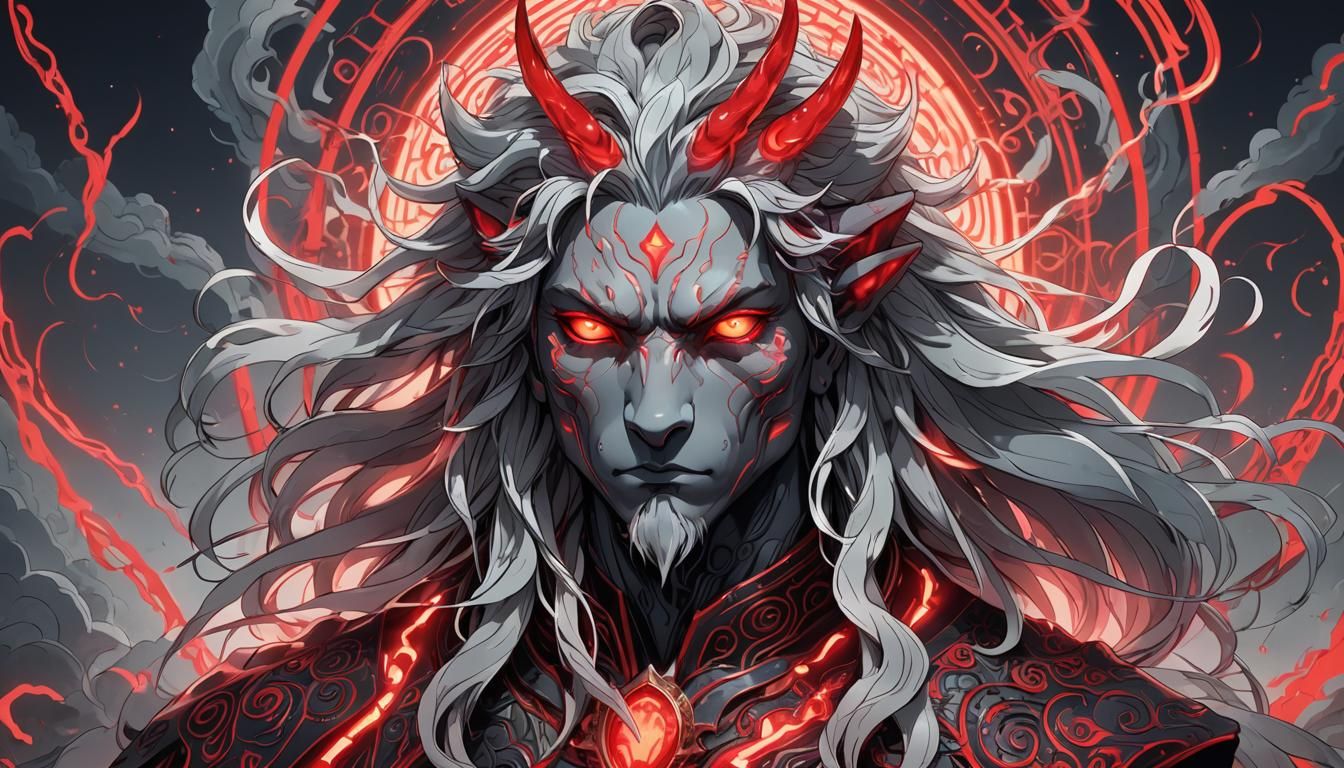 God with Red Eyes and Neon Aura in Anime Style