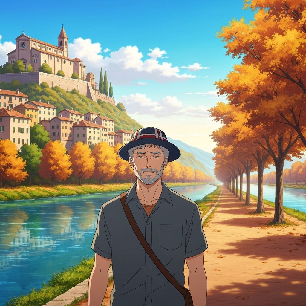 Serene Italian Man in Autumn Landscape, Anime Style