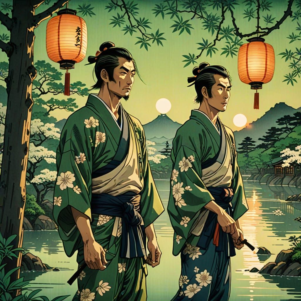 Ukiyo-e Style Asian Men at Sundown