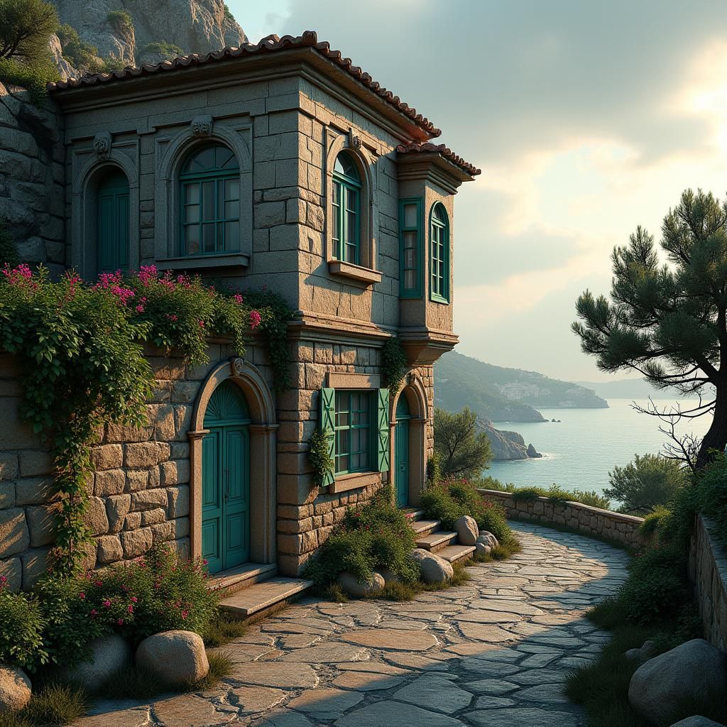 Aegean Stone House with Ocean View in Hyperrealistic Style