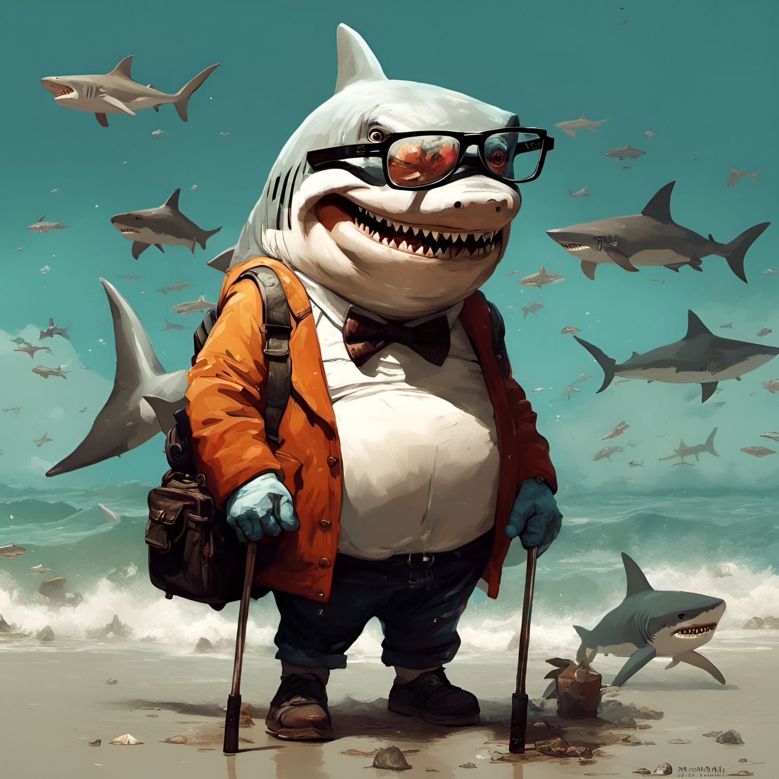 Grumpy Shark Grandpa in Detailed 3D Render